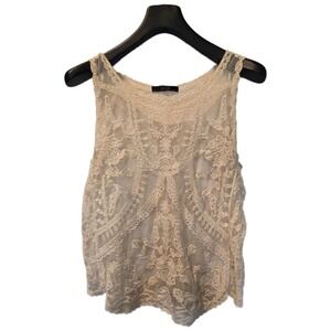 Dulcie Cream tea stained Floral Lace Sheer Mesh Sleeveless cottagecore Boho M